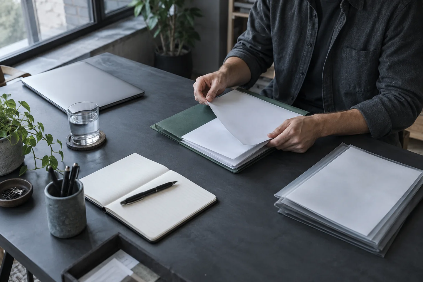 Editorial scene of an owner organising papers at a graphite desk