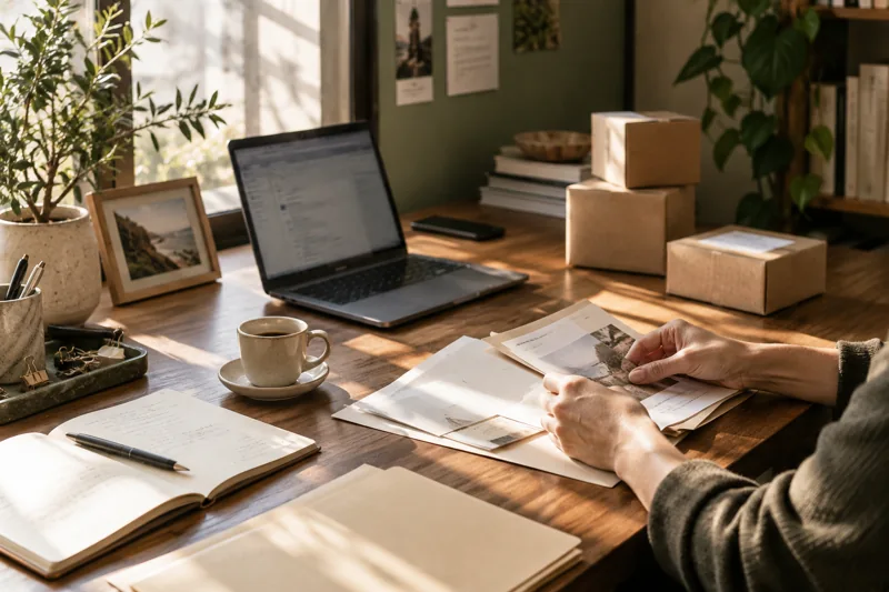 Original editorial scene of a small online business studio with a laptop and shipping boxes